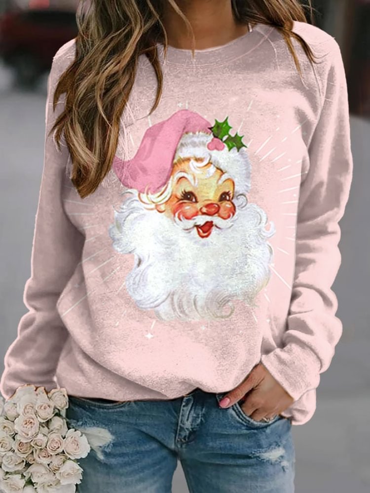 BrosWear Christmas Retro Pink Santa Print Sweatshirt