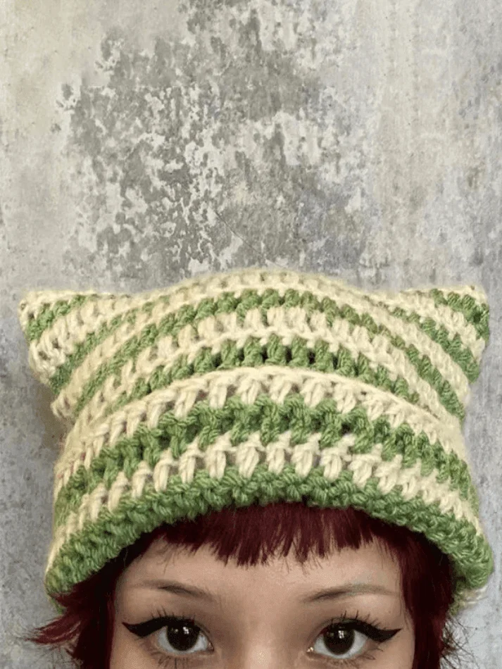 Brownm Hand Made Horn Detail Striped Knitted Hat