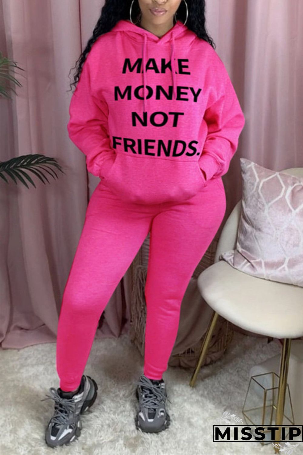 rose red Casual England Letter Print Solid Straight Long Sleeve Two Pieces