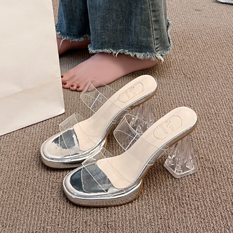 Breakj Breakj On The Thick Background Waterproof Table Transparent Word With High-Heeled Slippers Women Summer Wearing Crystal And Coarse And Cold Slippers
