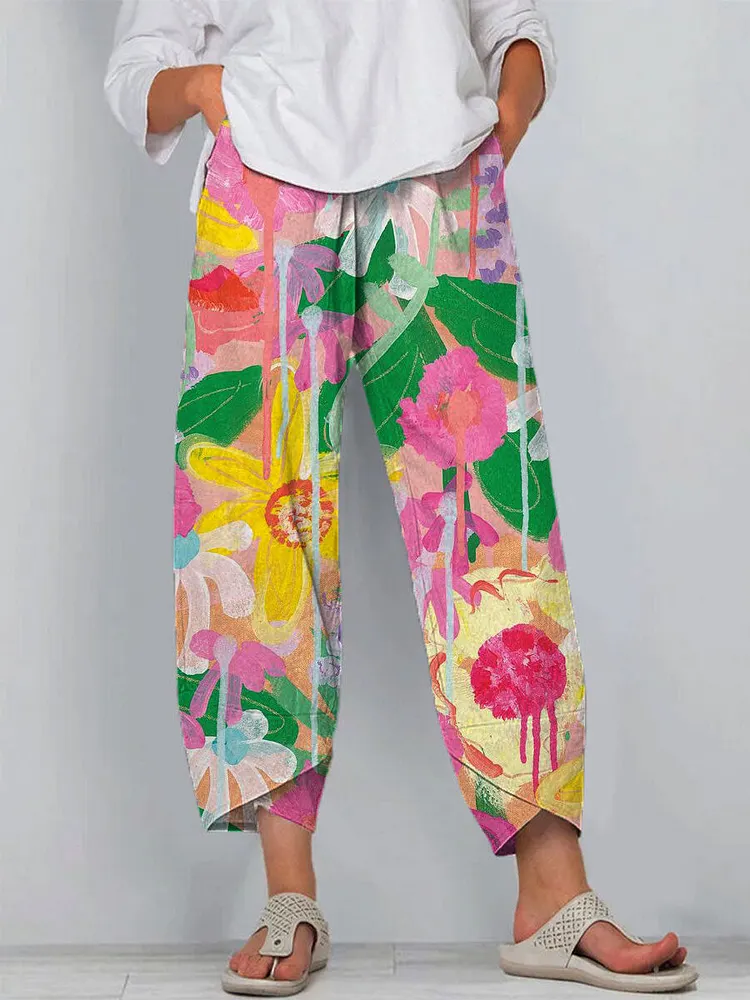 Women's Floral Art Printed Cotton And Linen Casual Pants