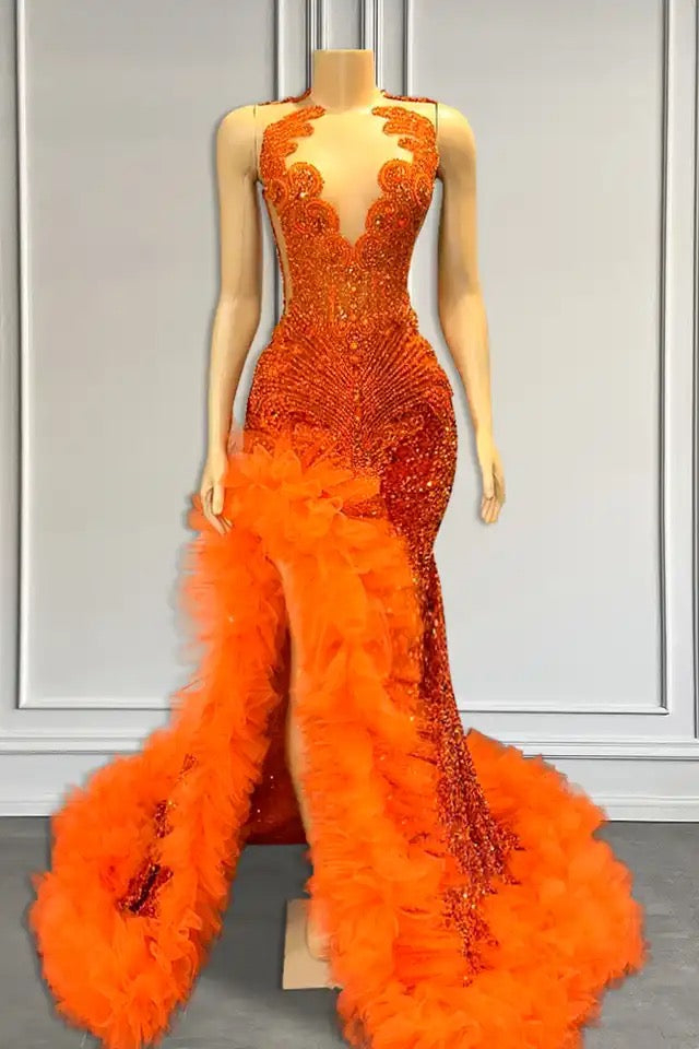 Luluslly Orange Mermaid Sleeveless Prom Dress Side Slit With Tulle Beadings