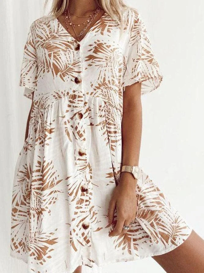 Cotton-Blend Casual V Neck Printed Dresses