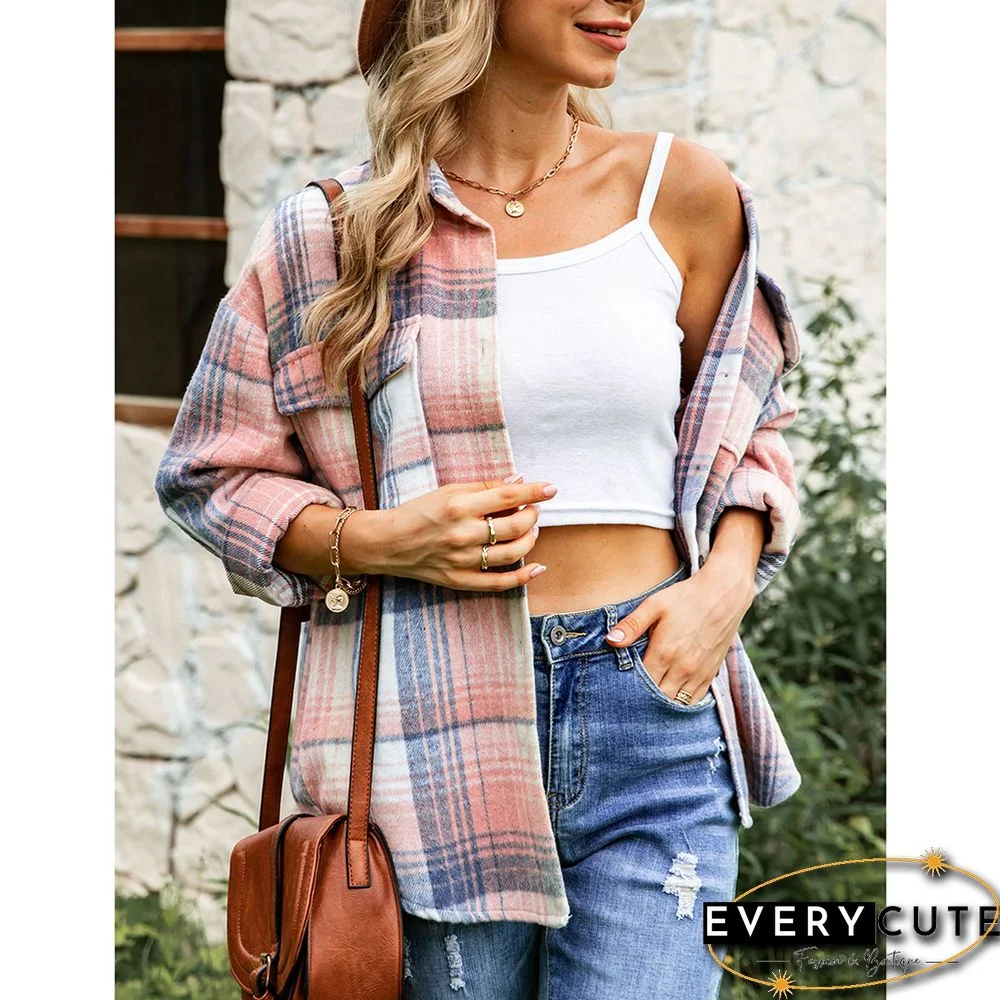 Pink Plaid Print Button Shacket with Pocket