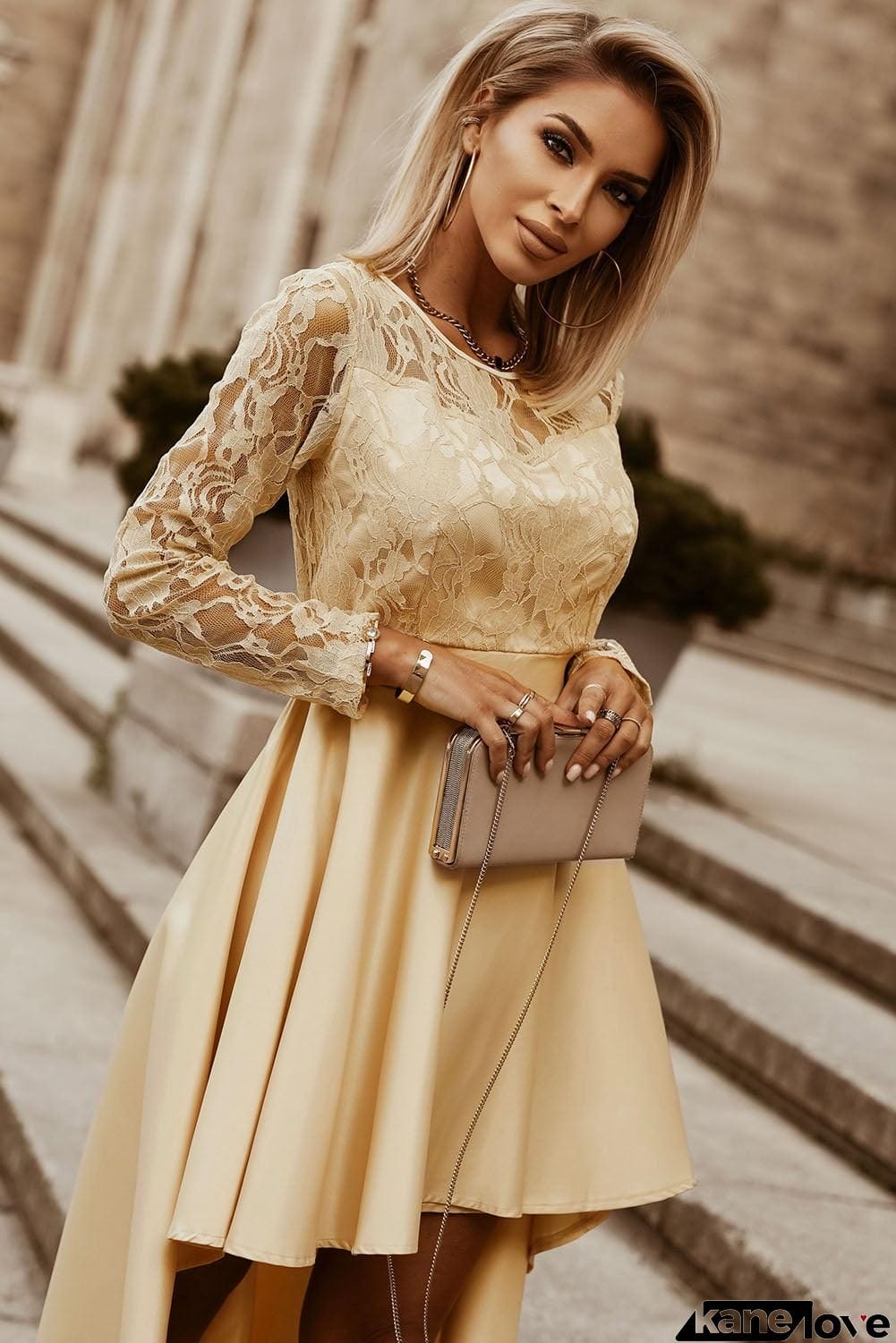 Spliced Lace High-Low Long Sleeve Dress