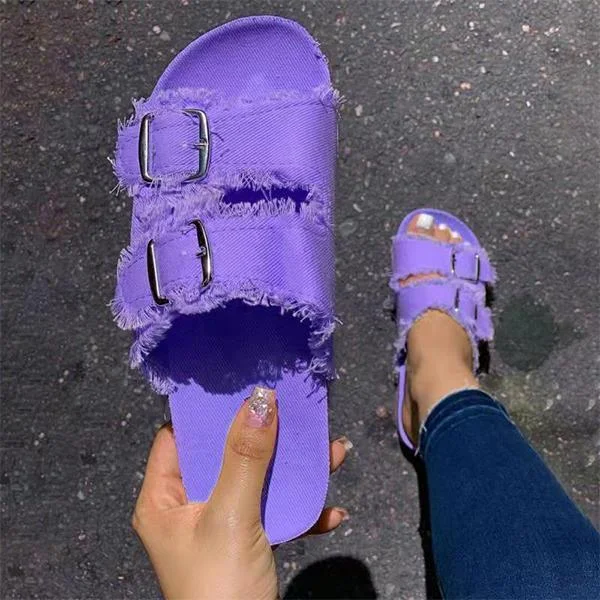 Women's Casual Solid Color Canvas Buckle Flat Slippers