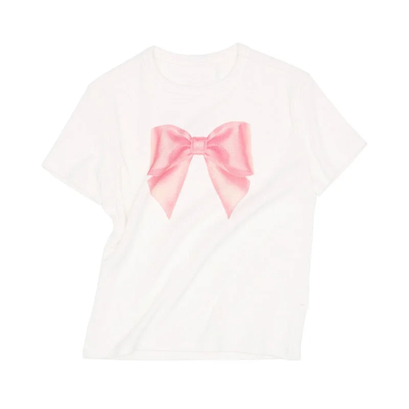 Woherb White Short Sleeve Pink Bow Tee-Outfit Ideas