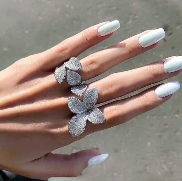 Iced Out Big Silver Flower Leaf Adjustable Ring Women Jewelry