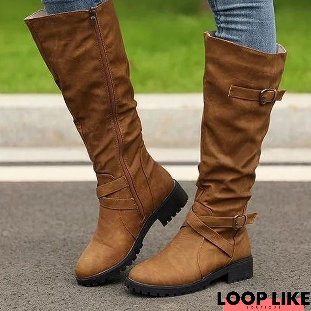 Pu Buckle Low Heel Casual Round Toe Boots