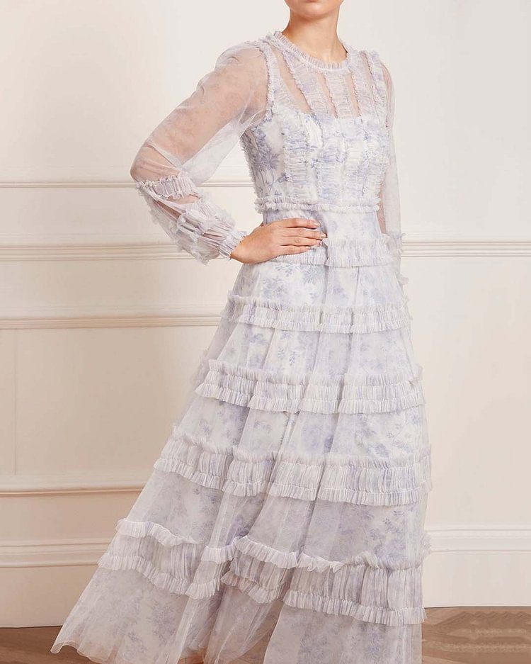 Elegant floral chiffon ruffle midi dress