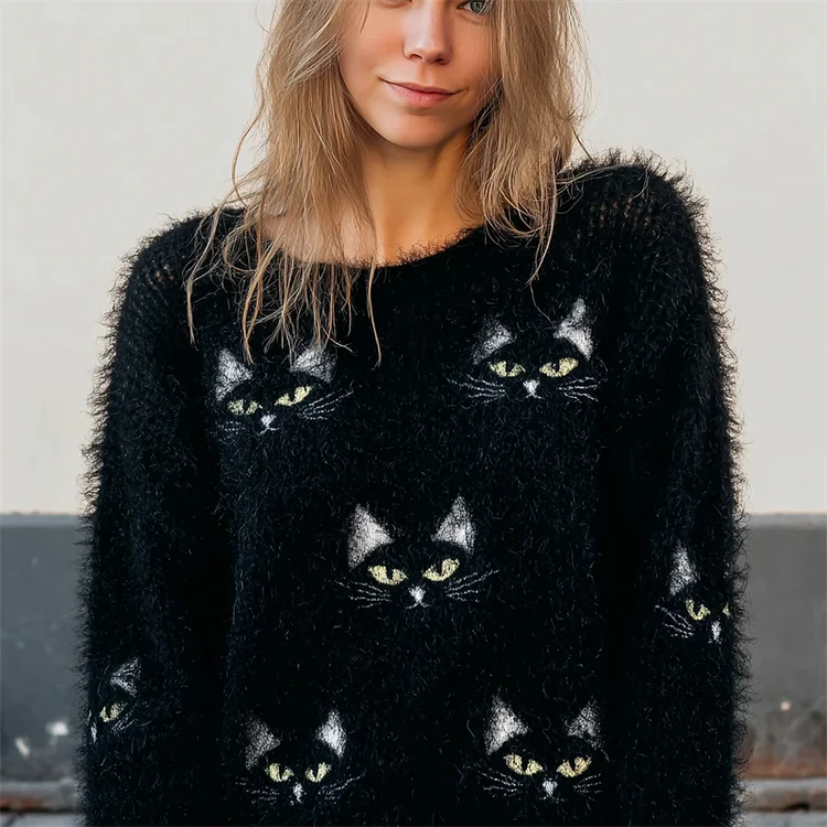 Lovely Black Cat Faces Fuzzy Cozy Knit Sweater
