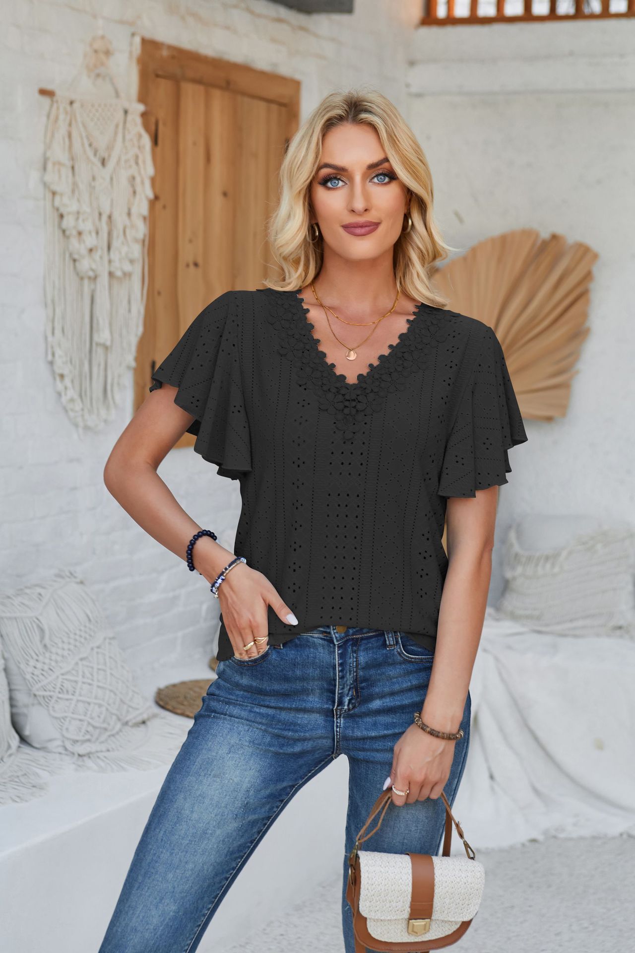 Mature Women Summer Lace Ruffle Sleeve Solid Color Loose Short Sleeve T Shirt Tunic Tops