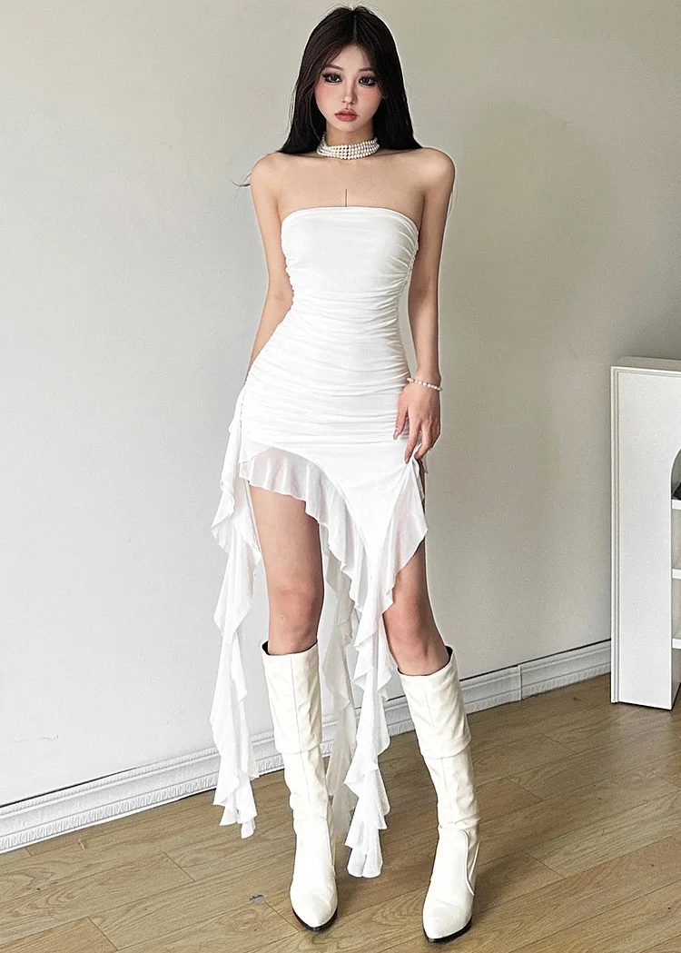 Novelty White Cold Shoulder Ruffled Patchwork Long Dresses Summer