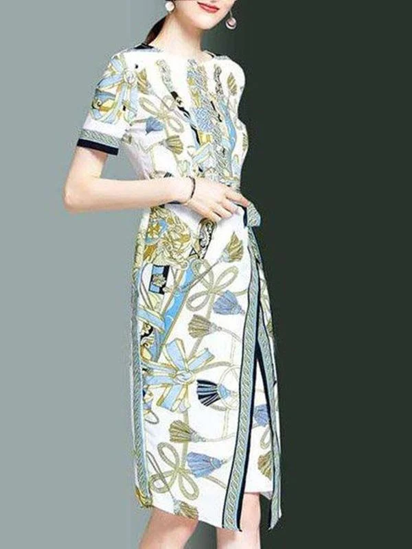 Bateau/boat Neck White-Green Dresses Sheath Daily Paneled Dresses