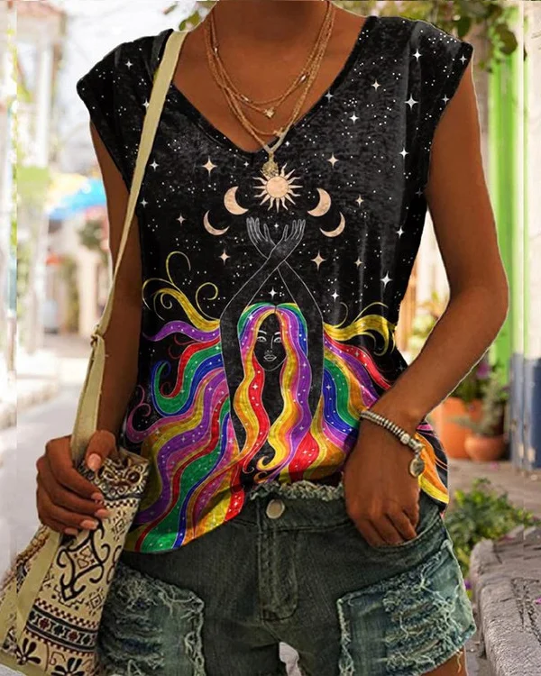 🔥kukelife🔥Hippie Art Print V-Neck Tank Top