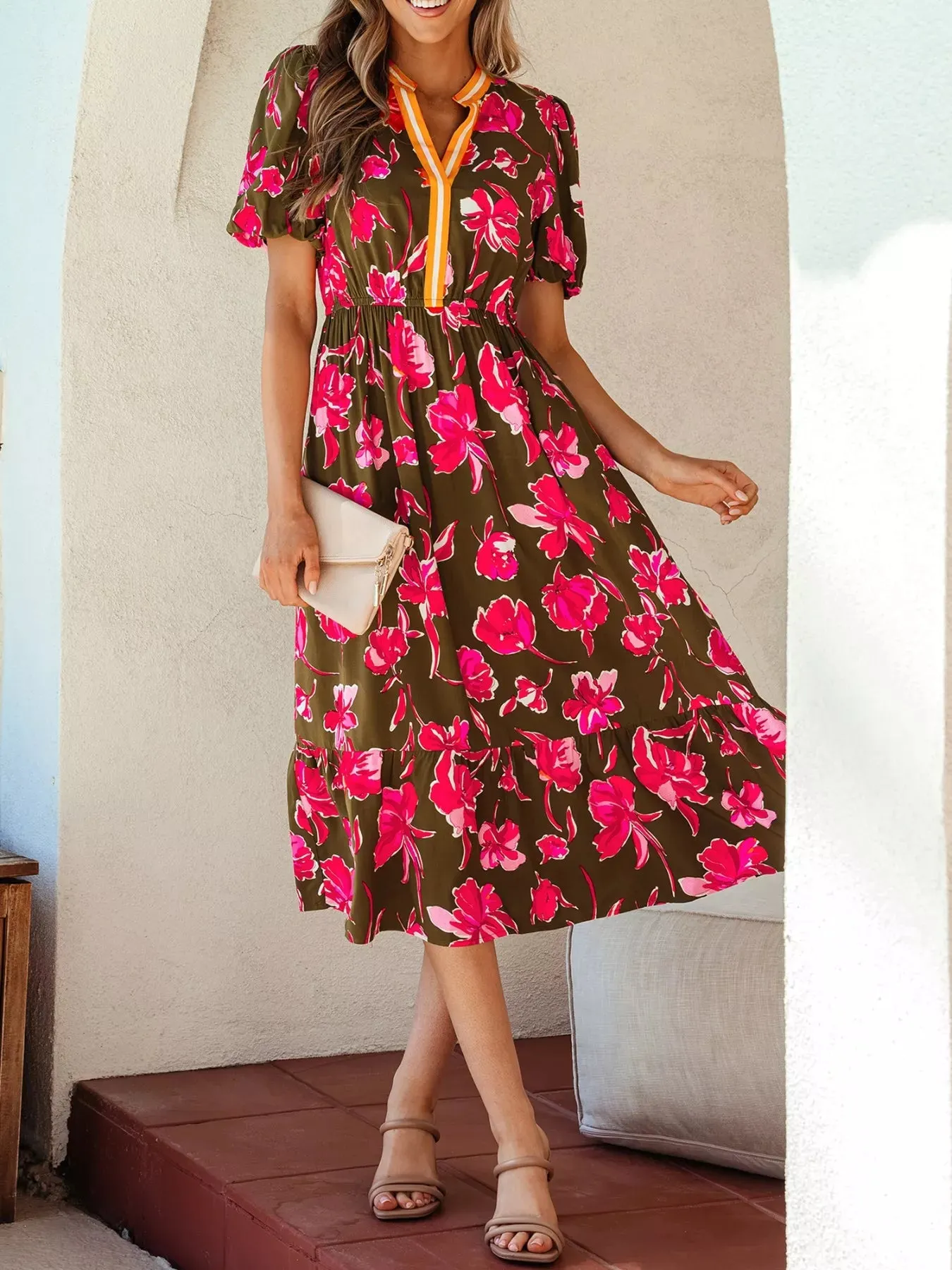 Floral Print Split Neck Short Puff Sleeve Ruffle Hem Dress mysite idetrend