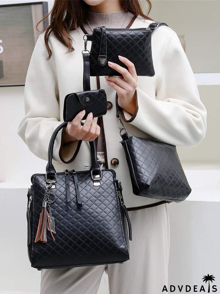 4pcs Tassel Decor Quilted Top Handle Bag Set