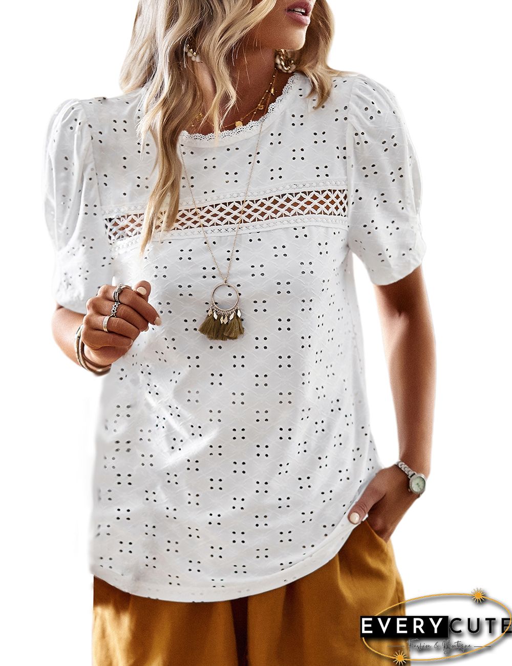 White Round Neck Hollow-out Split Top