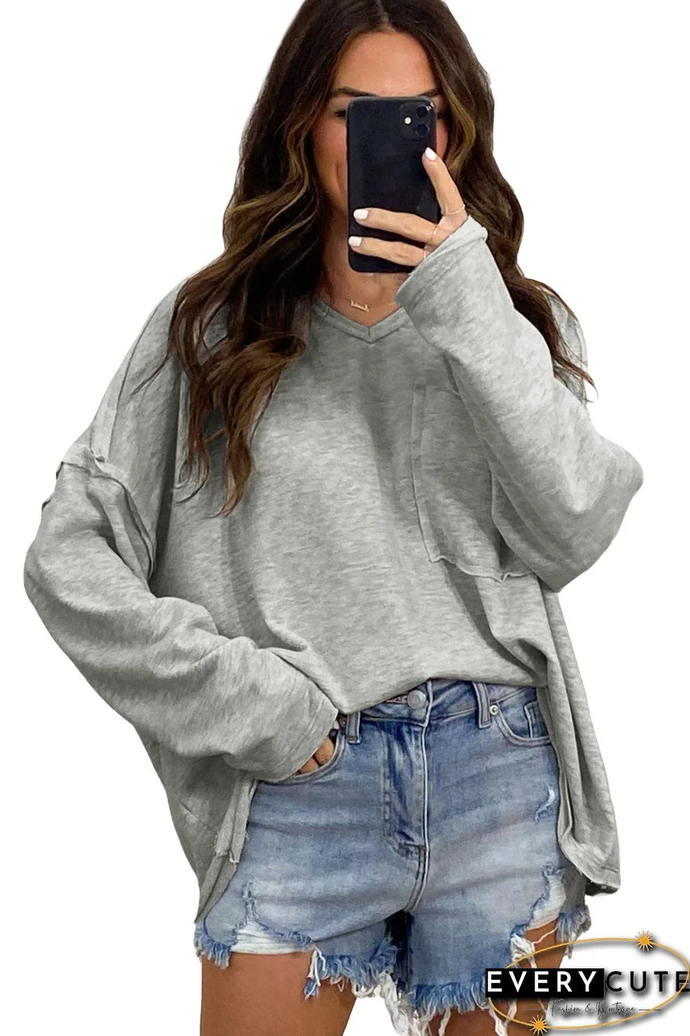 Gray Pocketed Oversized Drop Sleeve Top