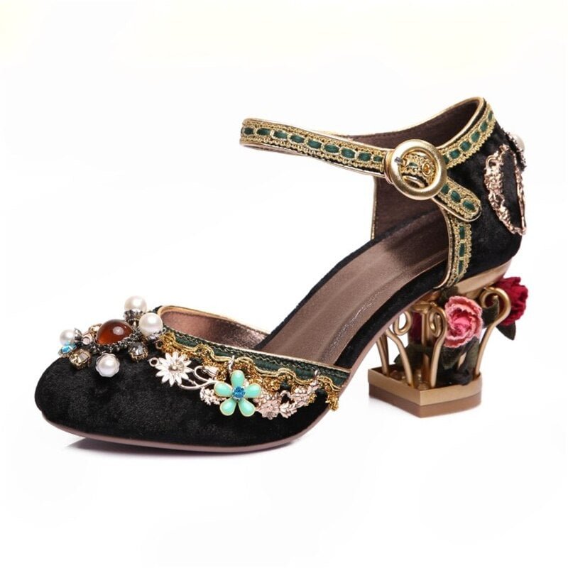 Women Sandals Vintage Hand-stitched Beaded Shaped Hollow Wedding High Heels Ladies Shoes Velvet Buckle Bird Cage Buty Damskie