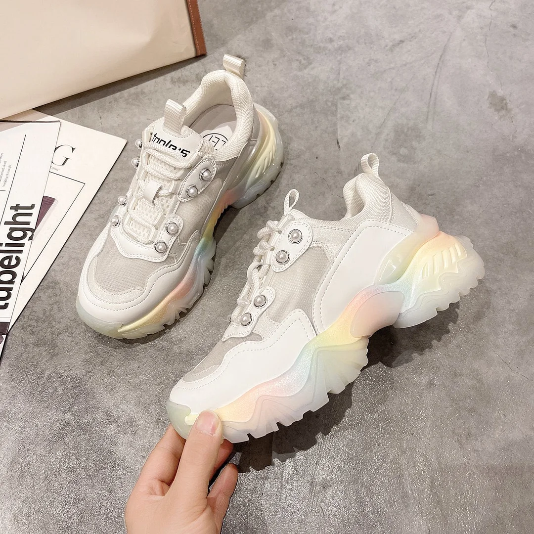 2021 Summer Sneakers Women Thick Bottom Luxury Chunky Sneakers Round Toe Rainbow Color Breathing Leisure Female Vulcanize Shoes