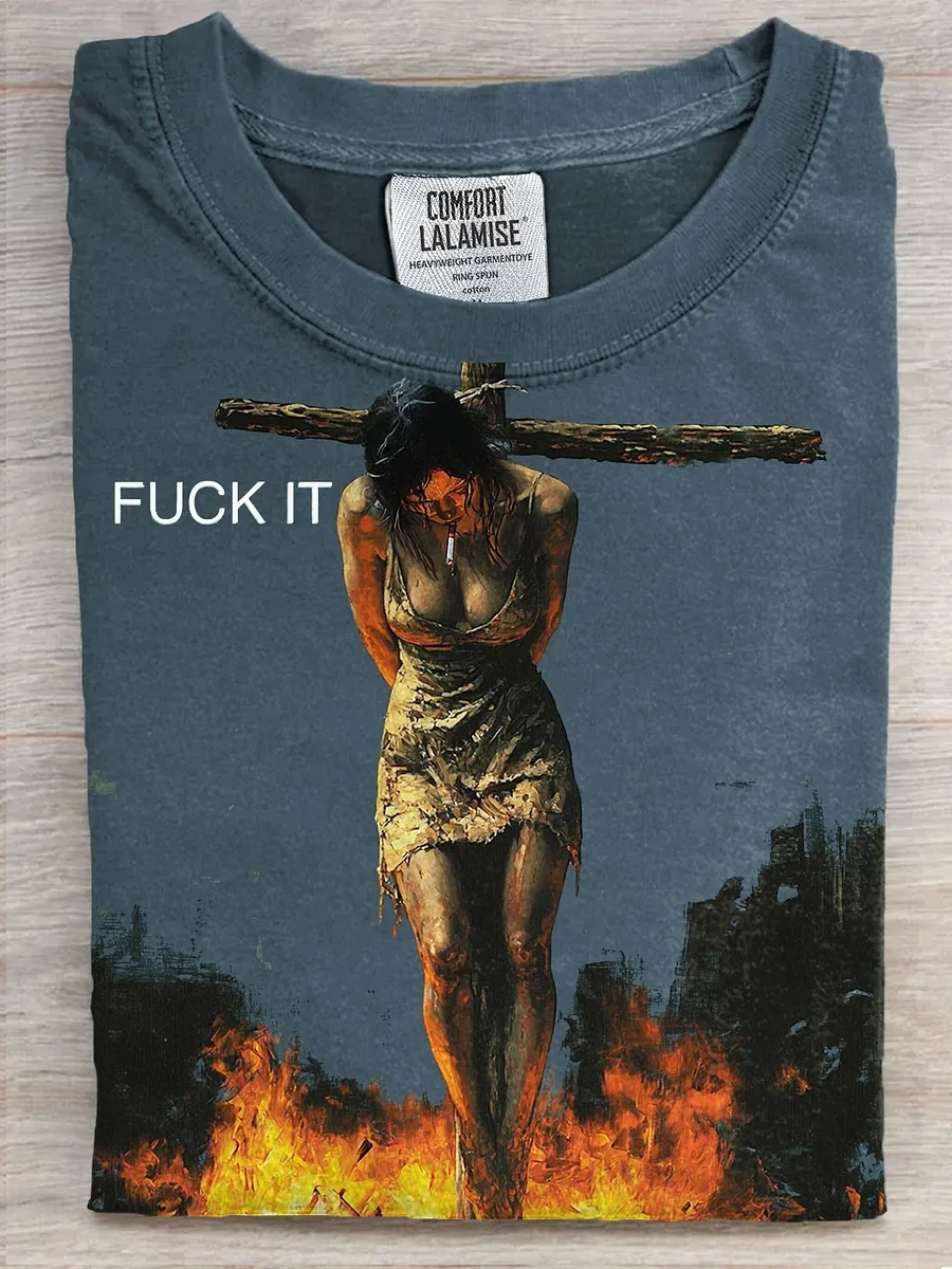 Eagerlys  Vinatge Fuck It Burning Stake Art Print T-shirt Eagerlys