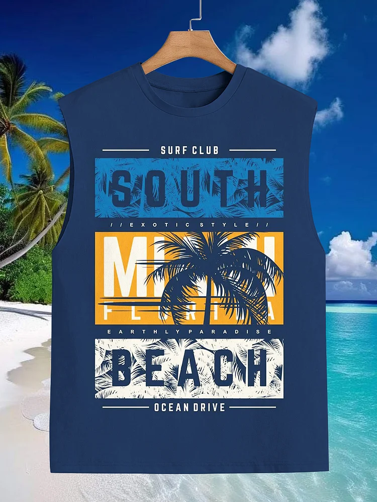 Men's Surf Club South Exotic Style Earthly Paradise Beach Ocean Drive Art Print Cotton Tank Top