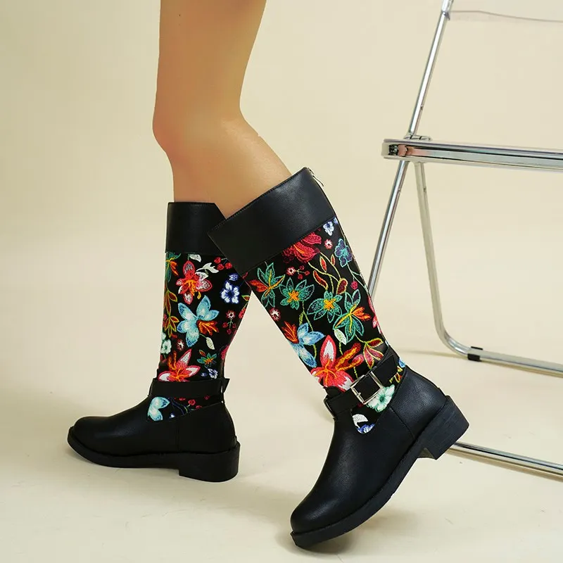 Churchf Churchf Size High Boots Female 2023 New Thick Heel Embroidery Round Head Retro Belt Buckle Autumn And Winter