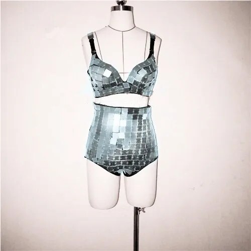VCSHOES Silver Red Gold Mirror Bra High Waist Shorts 2 Pieces Outfit Bar Club Party DJ Female Singer Team Bikini Set Dance Costumes