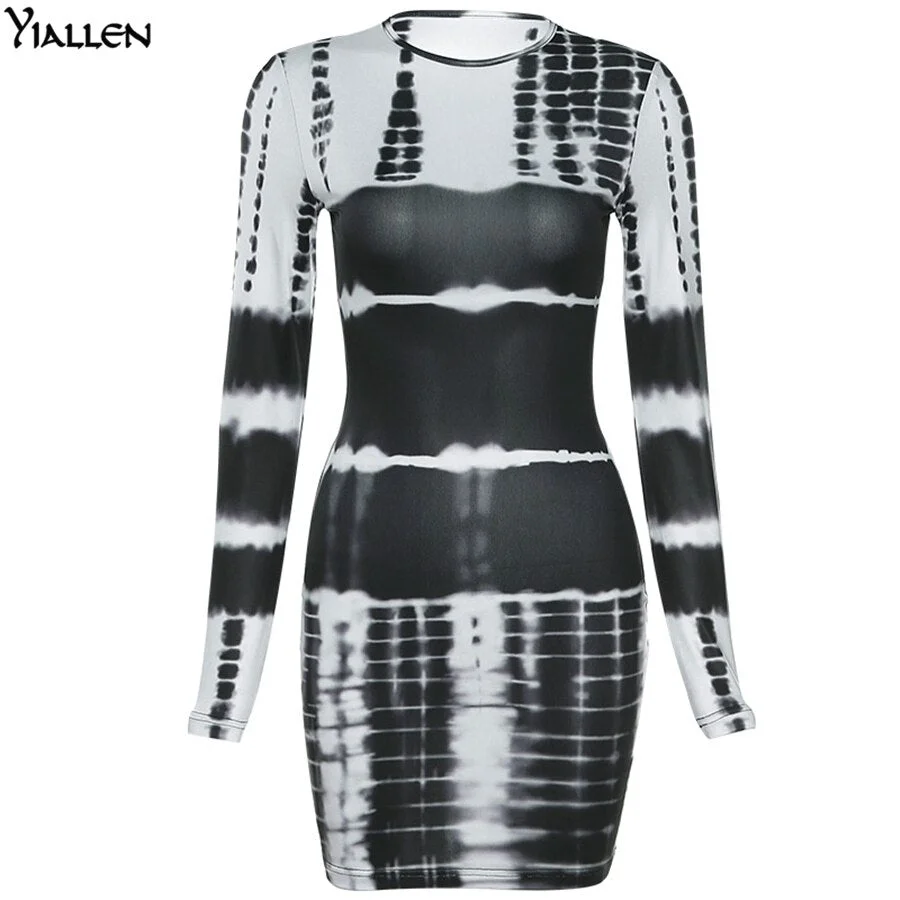 Yiallen Autumn New Printing Slim Dress Women O Neck Long Sleeve Elastic Street Casual Fashion Lady Mini Bodycon Dresses Hot