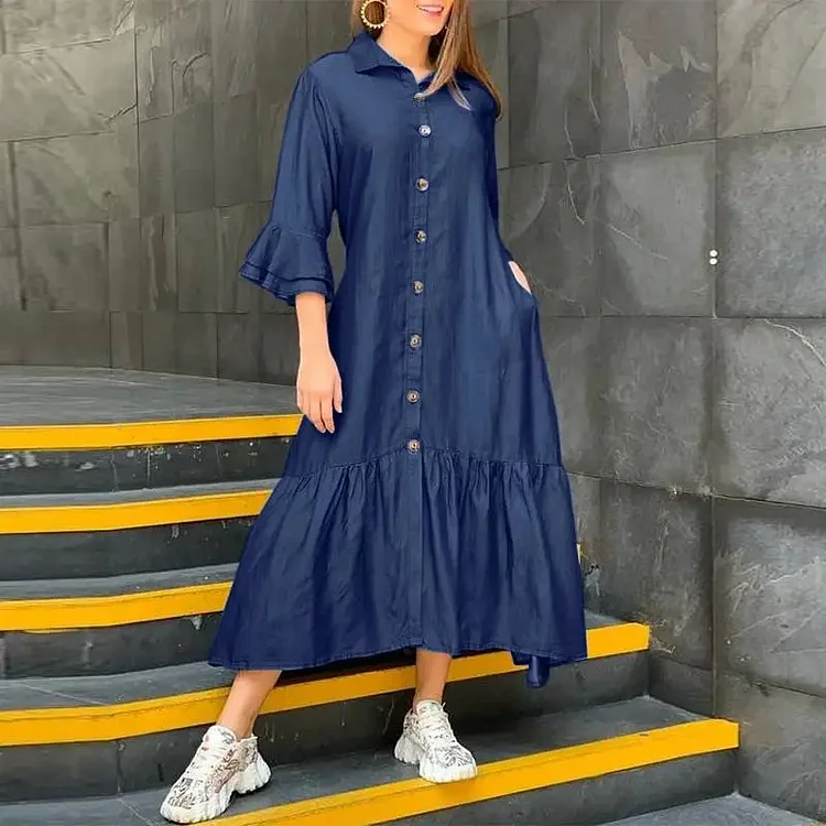 Women's Denim Maxi Dress Lapel Single Breasted Ruffled Dress