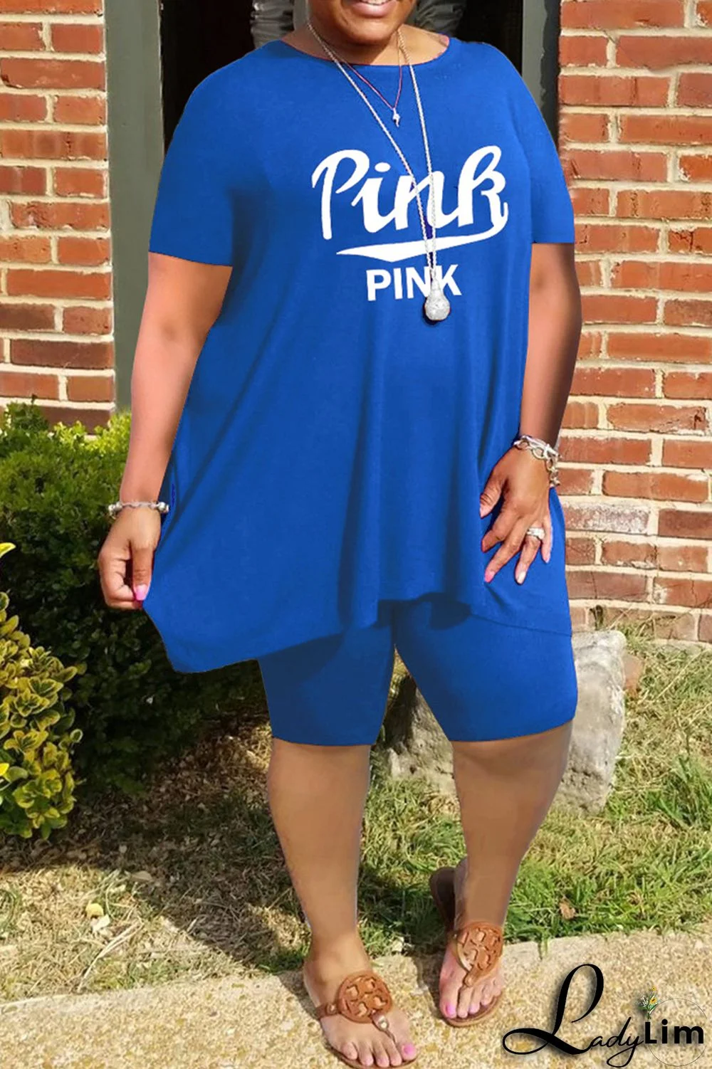 Grey Fashion Casual Letter Print Basic O Neck Plus Size Two Pieces