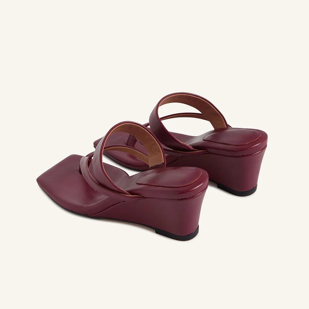 Burgundy Vegan Leather Open Square Toe Wedge Sandals for Women