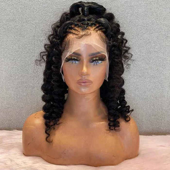 WeQueen 18 Inches 13x4 Half Braids Deep Wave Pre Up-do Lace Frontal Wig 180% Density-100% Human Hair