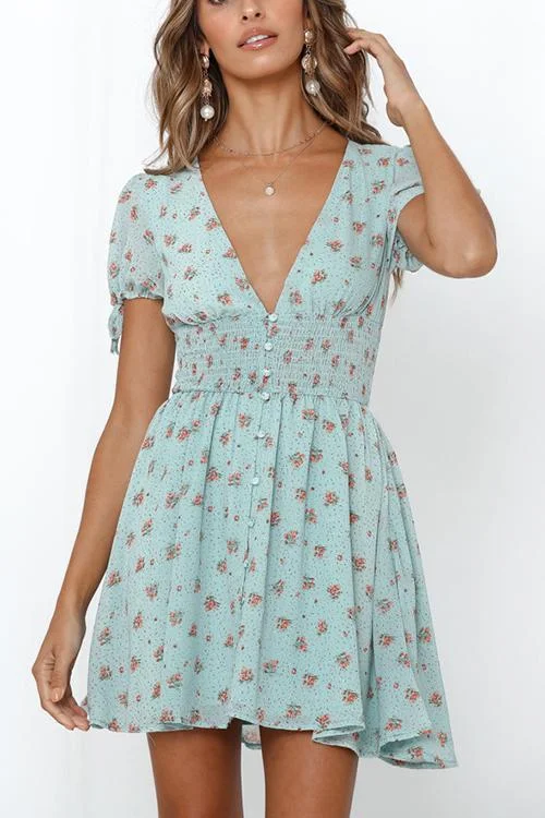 Print V Neck Short Sleeve Mini Dress