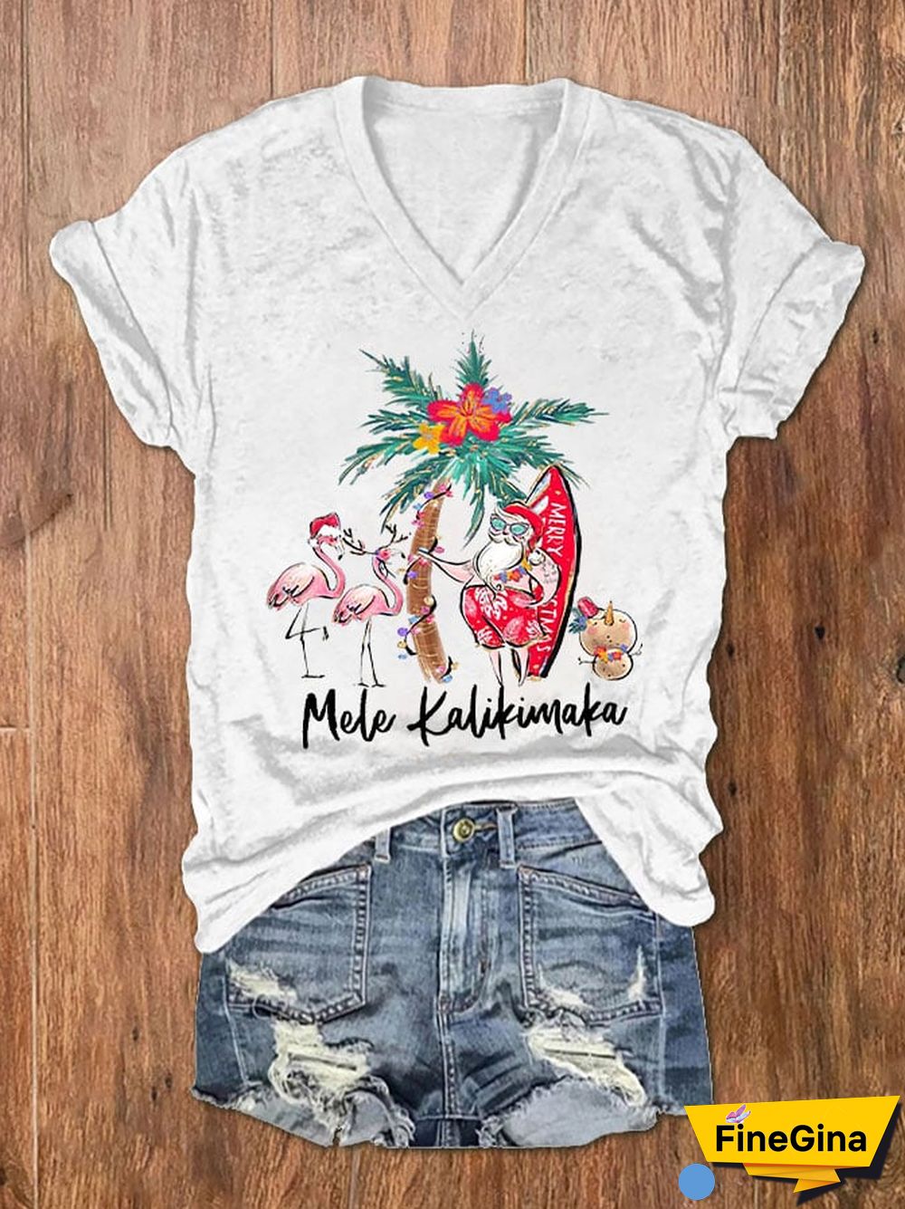 Women's Mele Kalikimaka Hawaii Christmas Print V-Neck T-Shirt