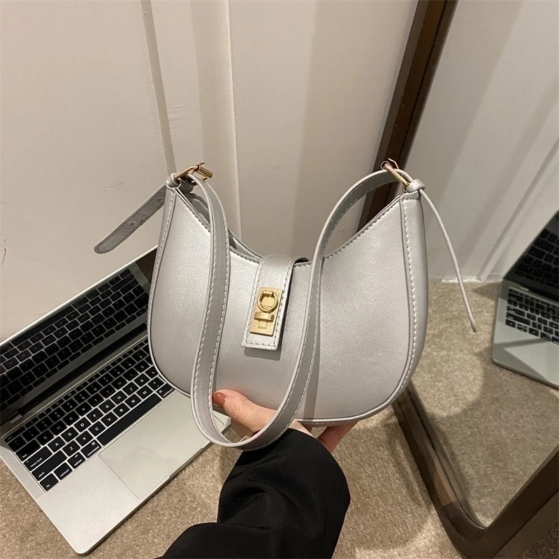 Women's Pu Leather Solid Color Vintage Style Dumpling Shape Lock Clasp Underarm Bag3