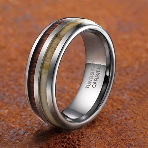 6MM 8MM Women's Or Men's Wedding Tungsten Carbide Wedding Matching Rings Antler and Wood Inlay Domed Top