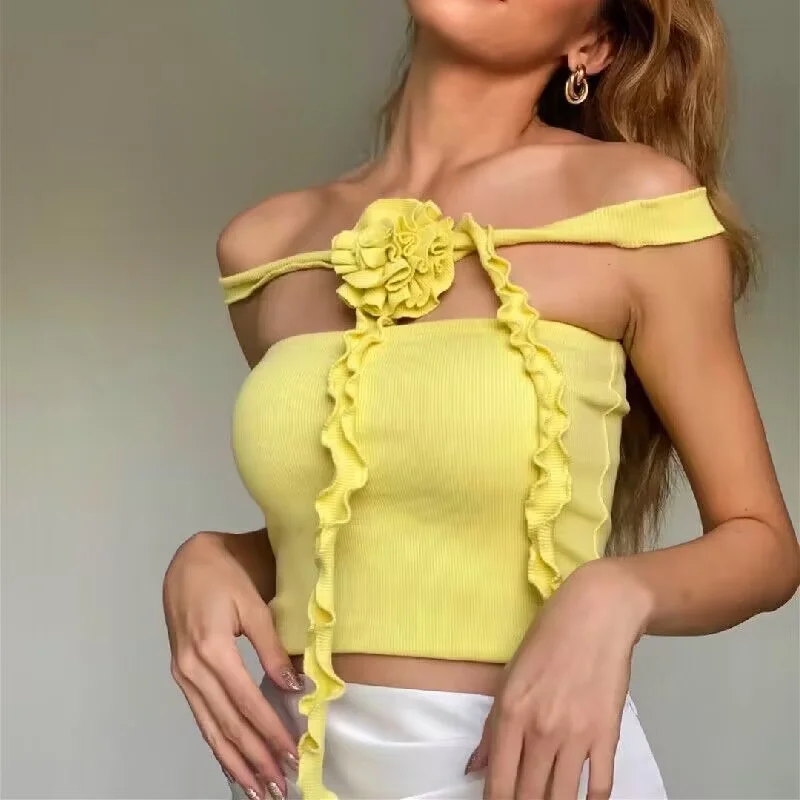 Uveng Uveng Spring New Fashion Sexy French Three-Dimensional Flower Ribbon Hanging Neck Stitching Wipe Chest Vest Woman