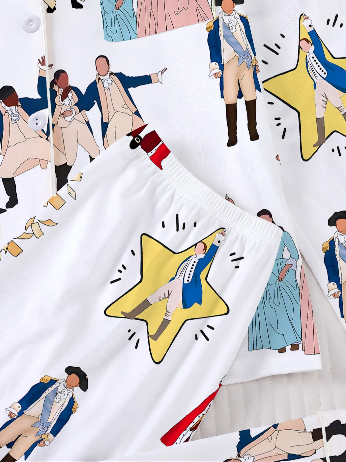 Hamilton Musical Print Women's Pajama Set, Long Sleeve Shirt Collar Button Soft Top & Elastic Pants, Casual Home Wear Loungewear Homewear