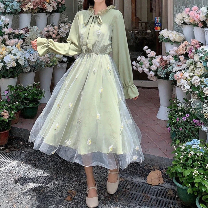 Spring College Chiffon Long Sleeve Fairy Dress Party Green Dresses Kawaii Clothes Women Clothing Harajuku Korean Lace Fashion 515