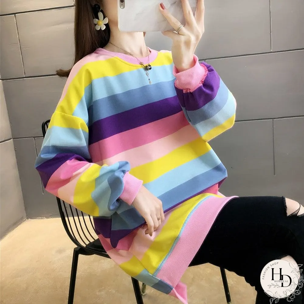 Fashion Rainbow Color Sweatshirt Hoodies Women Loose Long Sleeve Pullover Female Spring Autumn Oversized Harajuku Striped