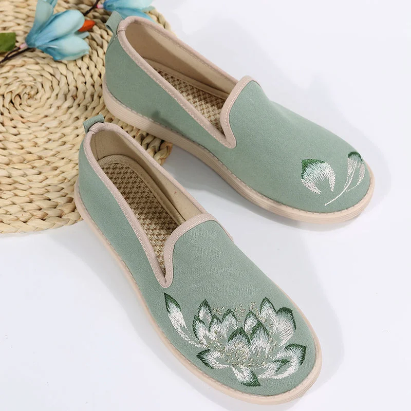 Back To School Women Casual Cotton Fabric Embroidered Loafers Ladies Slip On Comfortable Driving Walking Flat Sneakers Shoes Grey Green