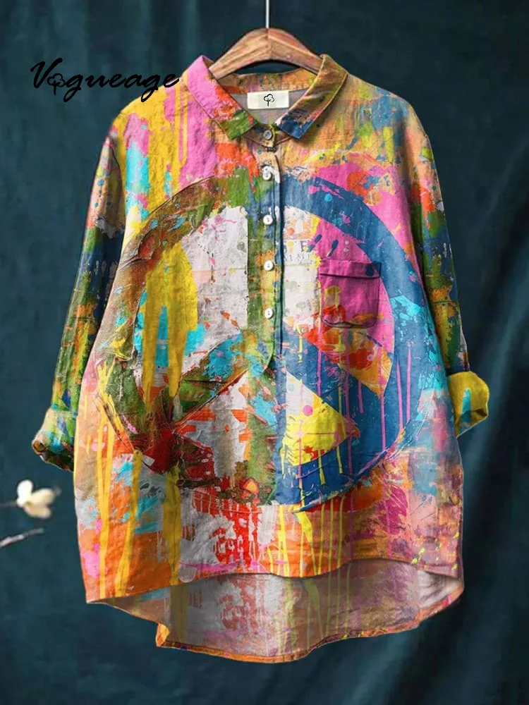 Colorful Graffiti Circles Print Cotton And Linen Shirt