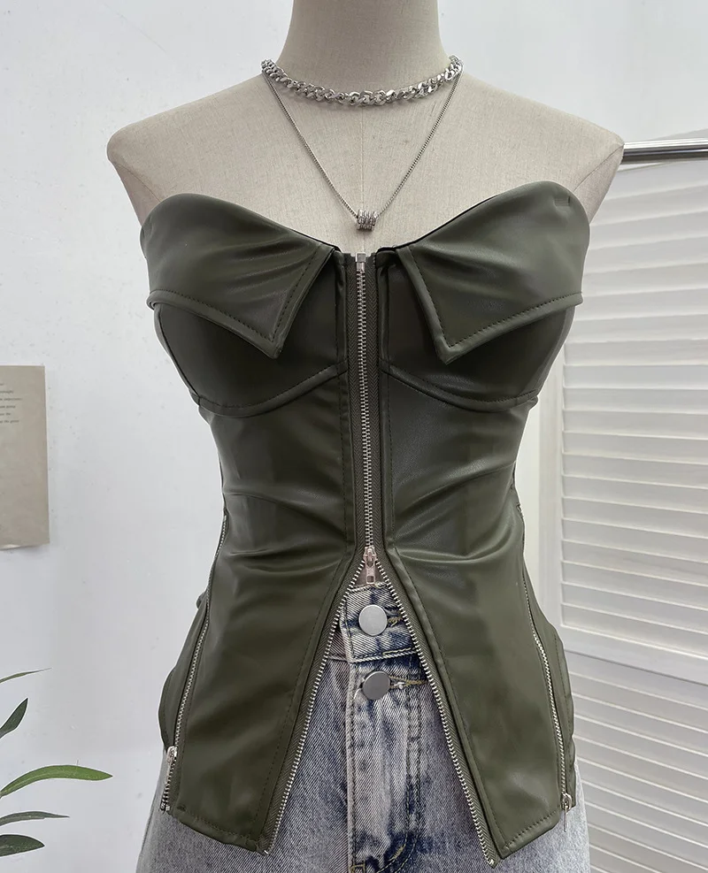 Uveng Real Shooting Hottie Retro Tender With Chest Pad Wrapped Bra Zipper Design Smear Bra Vest Short Sleeveless Top 8968