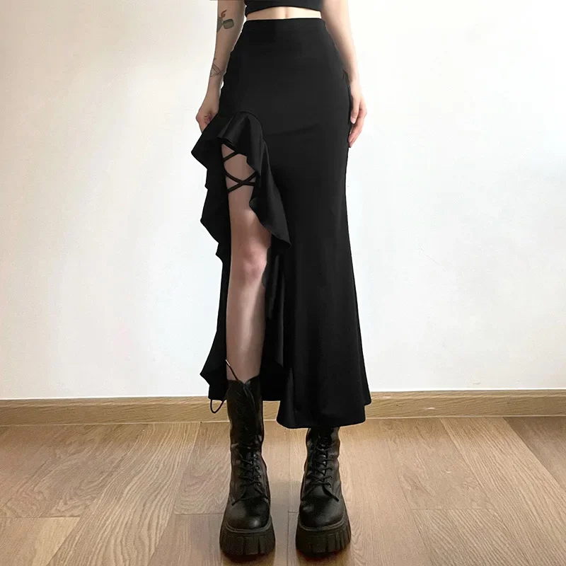 Huibahe Black High Waist Bodycon Mid Skirt E-Girl Punk Ruffles Split A-Line Skirts Y2K Fashion Women Streetwear Bottoms