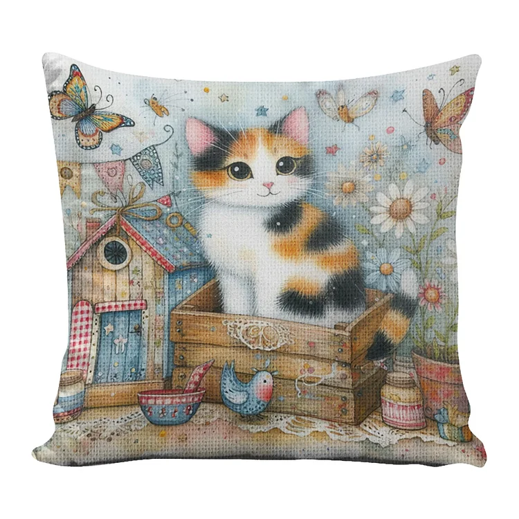 14CT Cotton Butterfly Cat Cross Stitch Embroidery Pillowcase Crafts 33x33cm gbfke