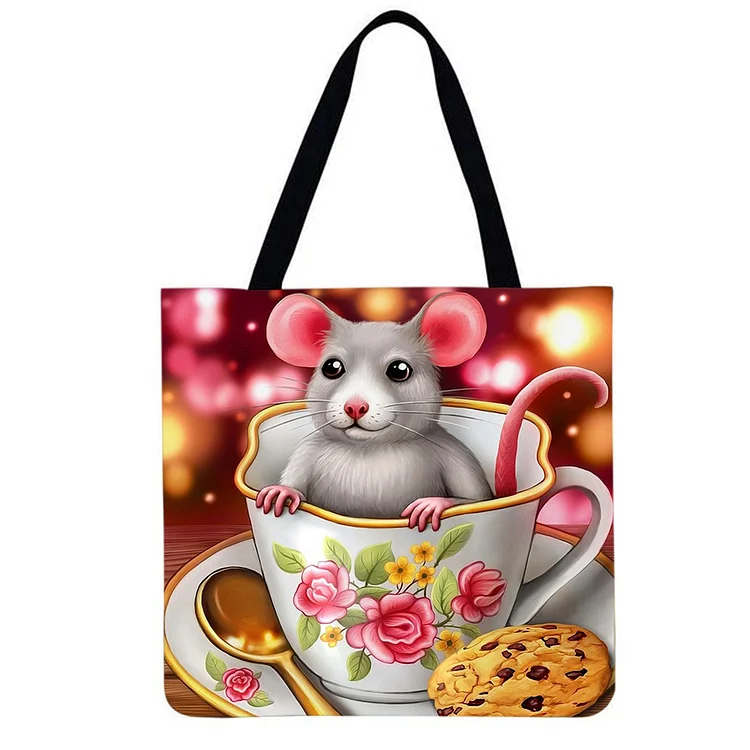 Linen Eco-friendly Tote Bag - Mouse Coffee Cup