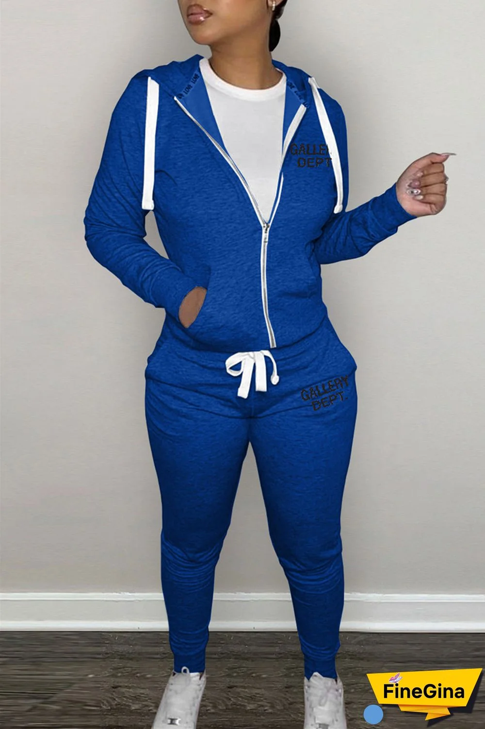 Grey Casual Letter Print Patchwork Hooded Collar Long Sleeve Two Pieces