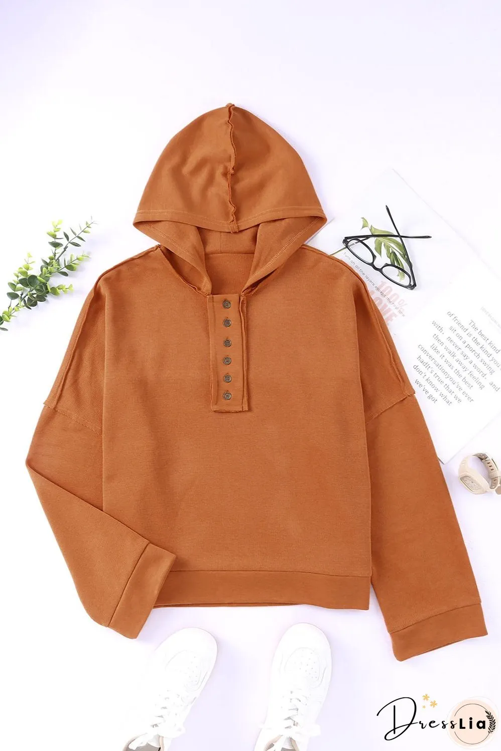 Casual Button Solid Patchwork Trim Hoodie